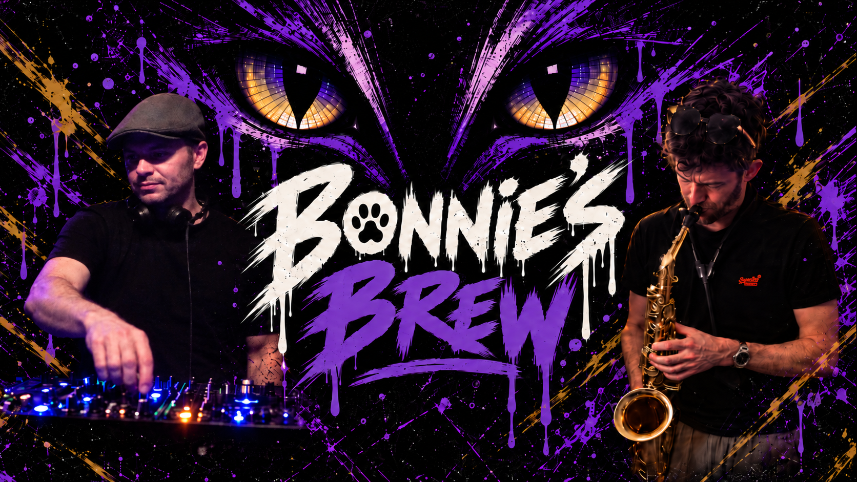 Bonnie’s Brew: DJ and saxophone player beneath purple and gold cat eyes